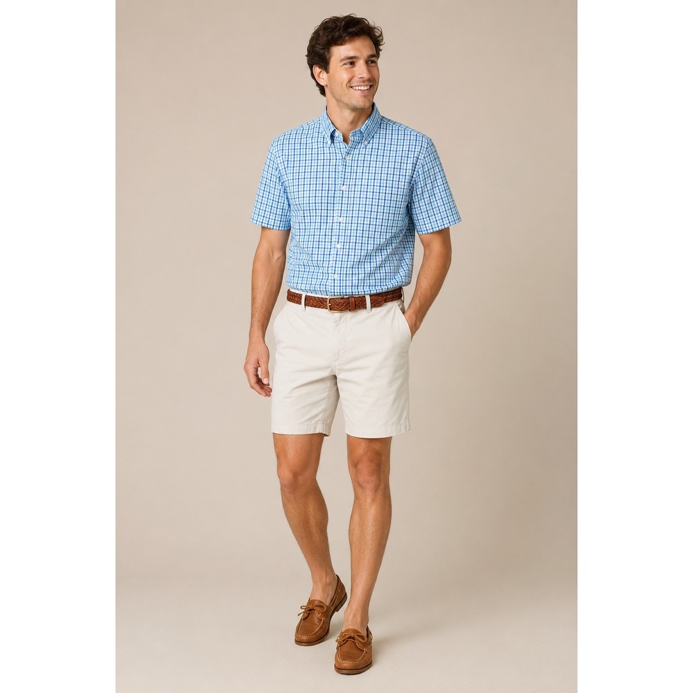 LandsEnd Button Down Shirt Mens Small Blue Plaid Short Sleeve Traditional Fit